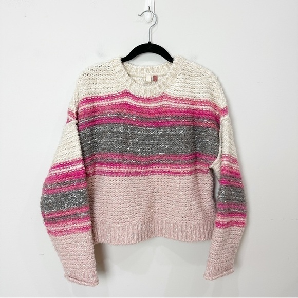 Anthropologie Pilcro Crewneck Pullover Sweater Pink Wool Stripe Chunky Knit - Picture 1 of 8